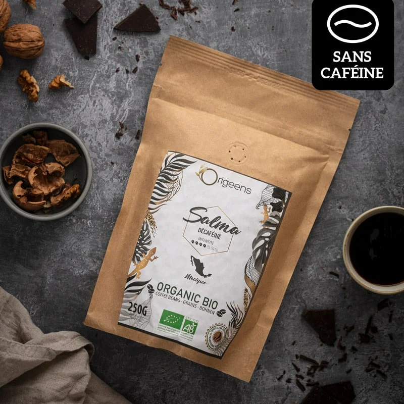 Café torréfié décaféiné sans solvant pur arabica en grain 250g